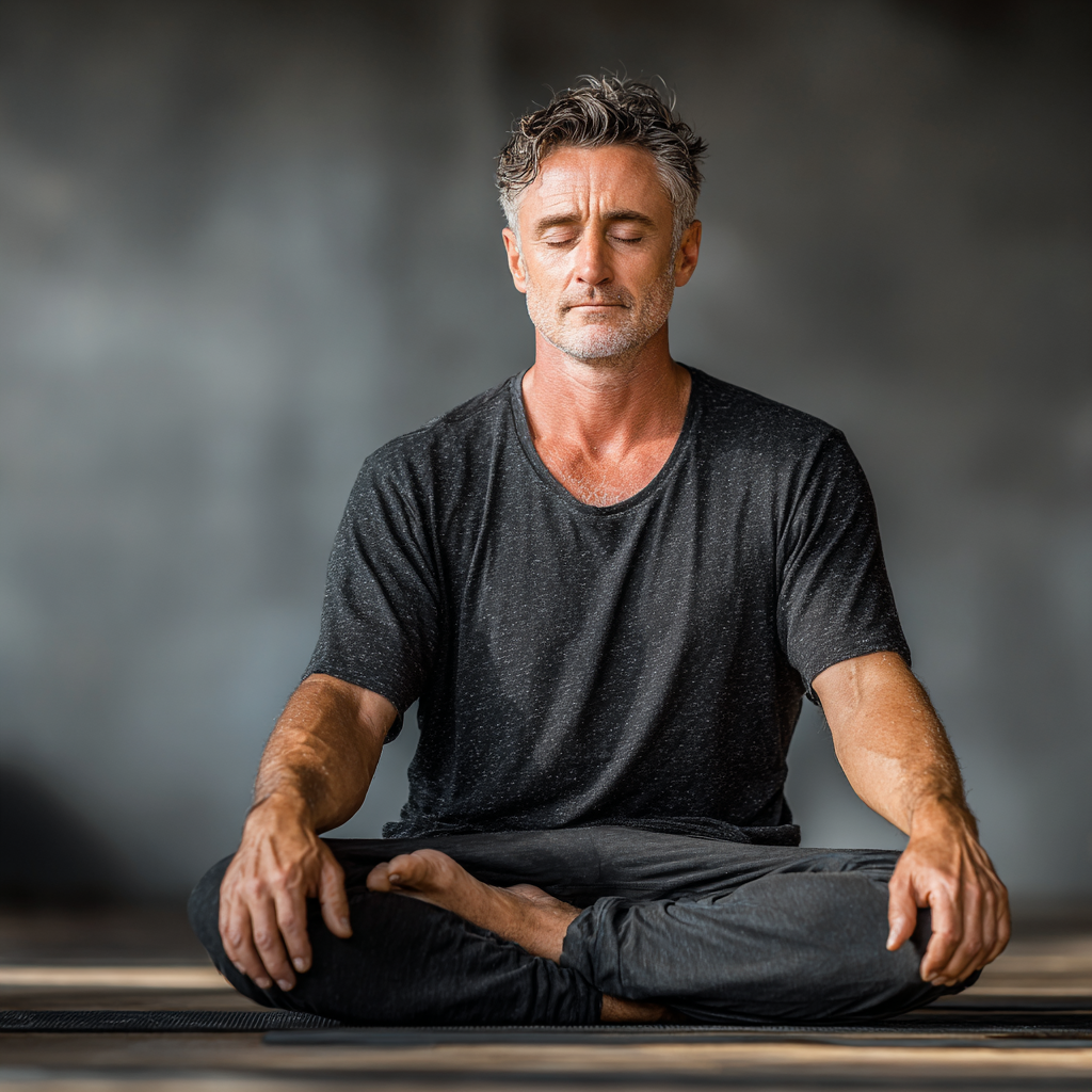 A man in his early 50s in a peaceful yoga pose on a mat, practicing in a minimalist studio space, wearing simple athletic clothing, focused expression showing inner calm and concentration